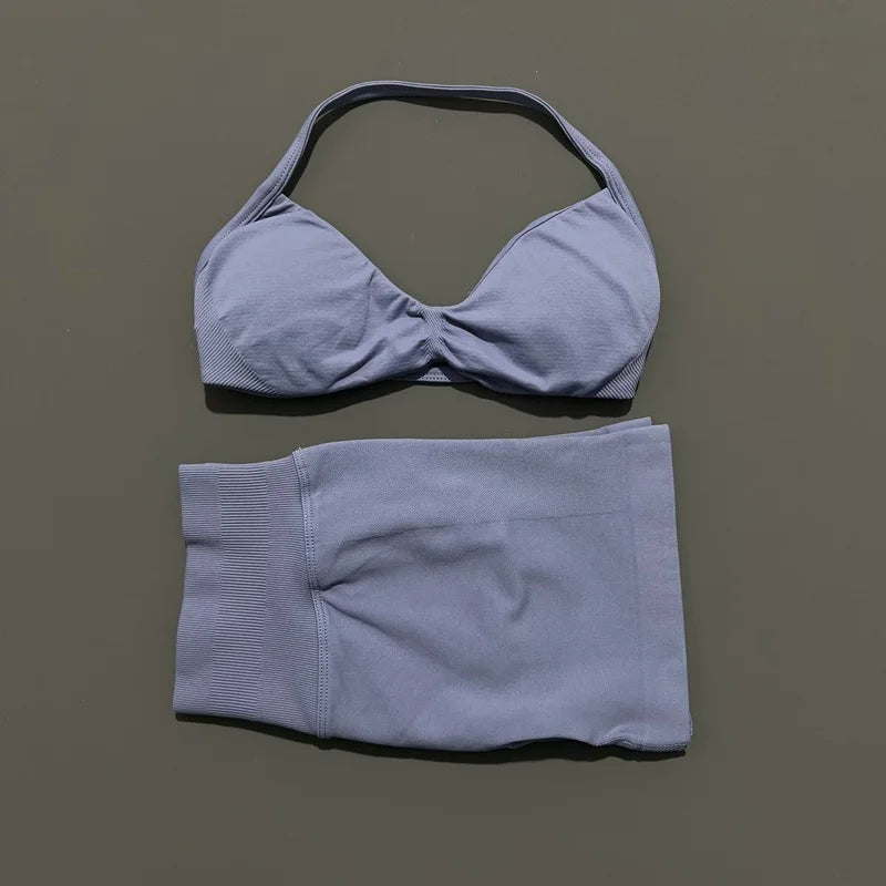 HISTELLO Gym Set 2 Piece Women Strappy Yoga Bra Top Workout Scrunch Shorts Sports Suit Fitness Clothes Seamless Yoga Set - Matrix-studios.com