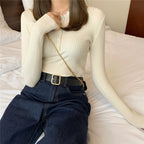 Knitted Women Sweater Button O-neck Pullovers Spring Autumn Basic Sweaters for Female Pullover Slim Solid Bold Stripes Tops - Matrix Studios