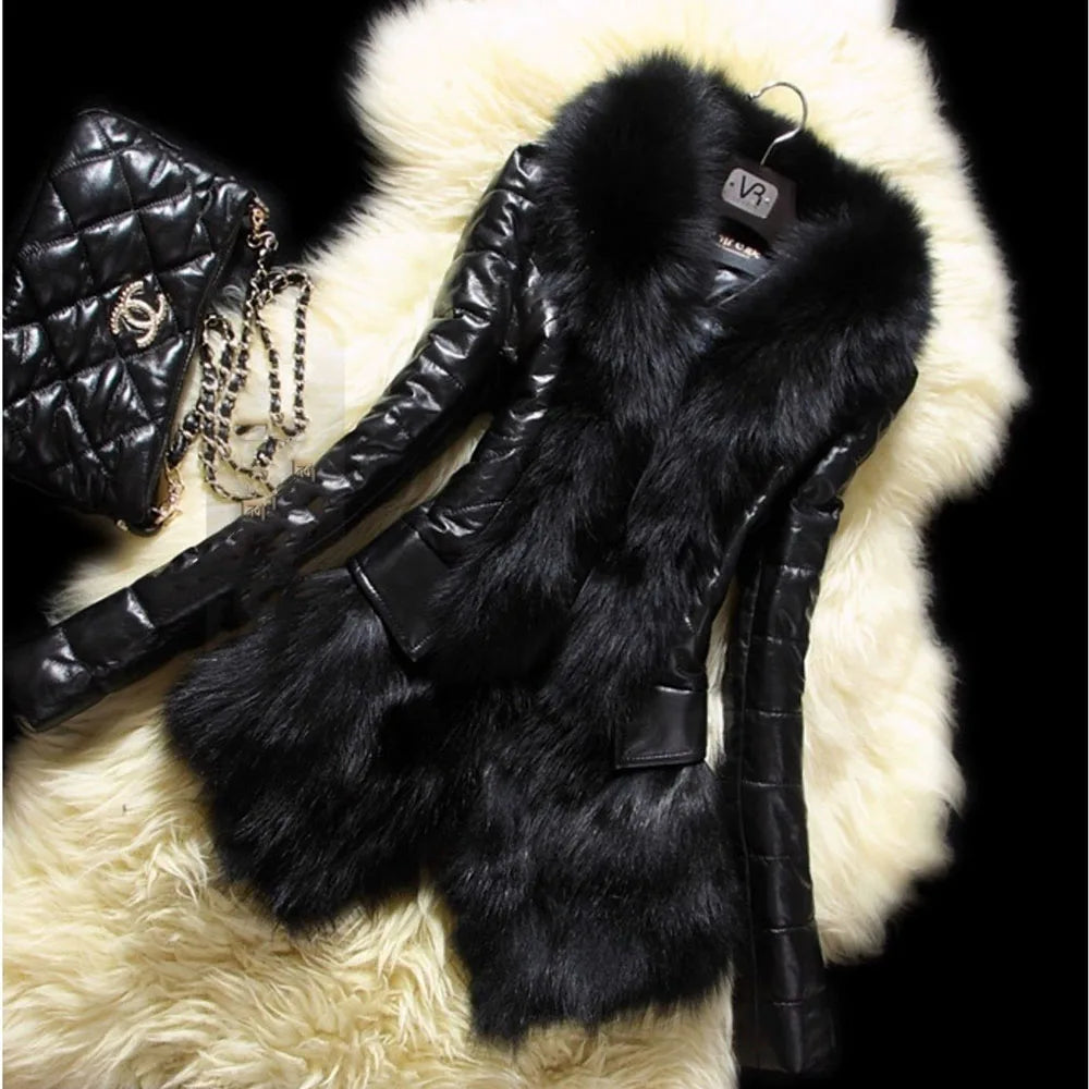 Autumn Women Faux Fur Coat Jacket Large Size 2025 Female Slim Fit Zipper PU Leather Fluffy Patchwork Short Winter Warm Outerwear - Matrix Studios