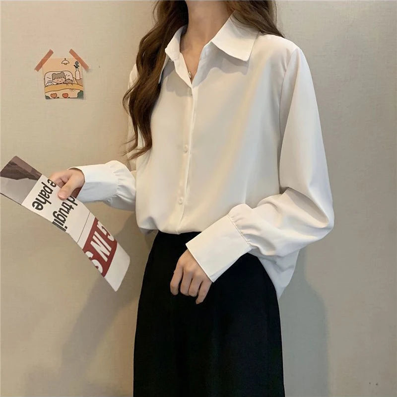 Women Chiffon White Shirts Korean Fashion Solid Loose Long Sleeve Tops Office Ladies Elegant Casual All Match Blouses Spring New - Matrix-studios.com
