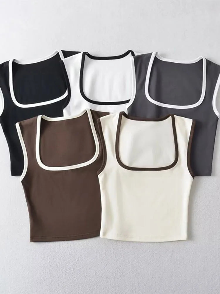 Woman Fashion Slim Solid Contrust Camis Casual Sleeveless Tanks Square Collar Crop Tops Clothing Streetwear Mujer 2024 Y2k - Matrix-studios.com