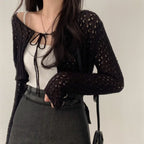 Women Tie Front Crop Cardigan Sheer Openwork Crochet Knit Top Lightweight Bolero Sweater Summer Fairycore Boho Chic Beach Outfit - Matrix Studios