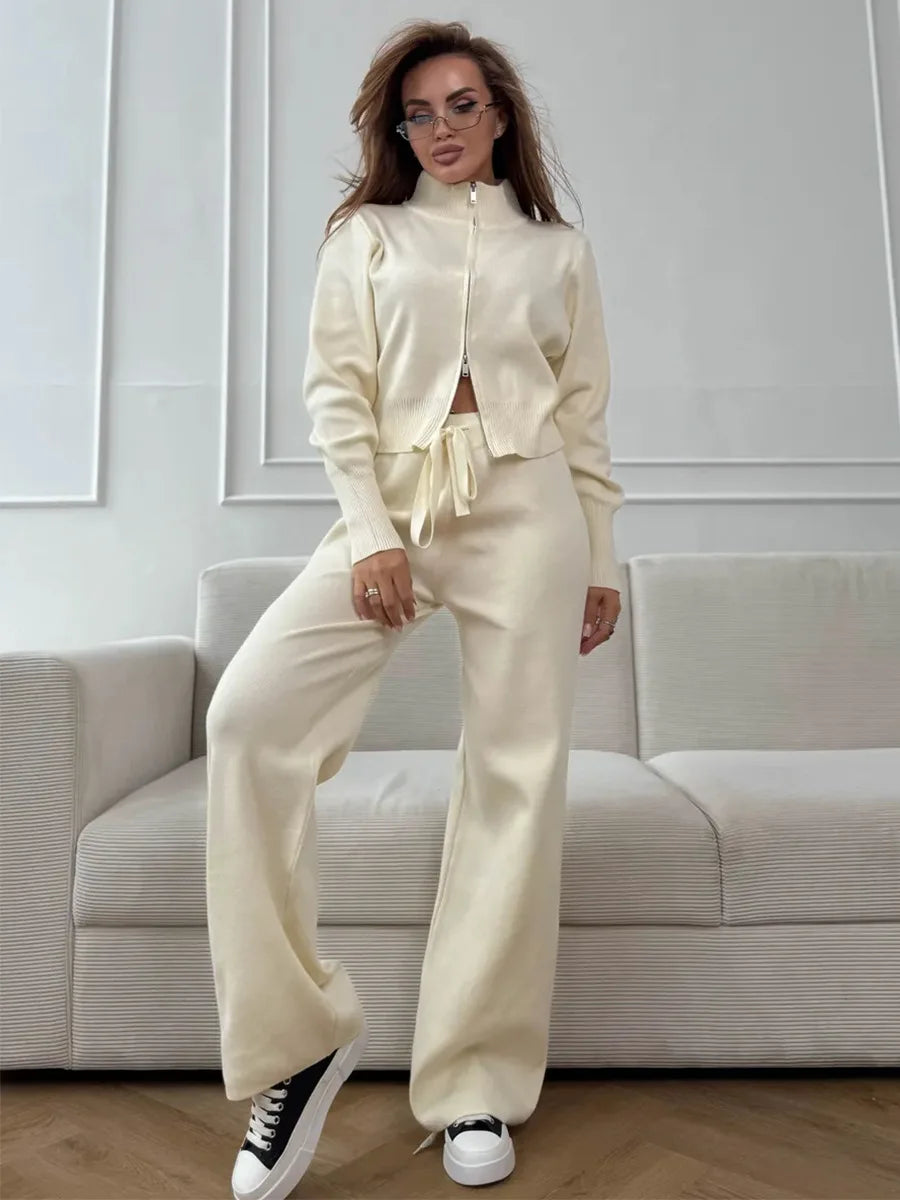 Wolfeel  New Autumn Winter Zip Up Knit Pants Set Women's Trendy Slim Fit Cardigan Pants Chic Commuting Sweater Outfit - Matrix-studios.com