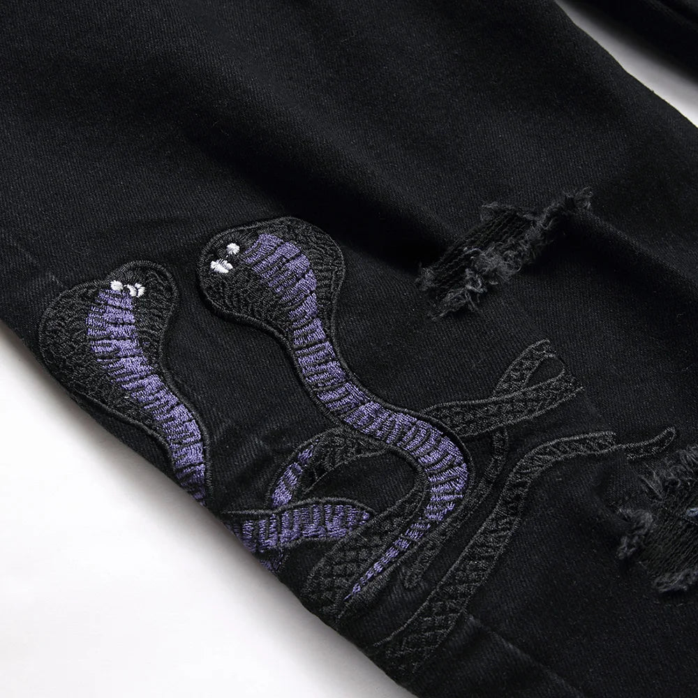 Men Snake Embroidery Jeans Streetwear Black Stretch Denim Pants Holes Ripped Distressed Slim Straight Trousers - Matrix Studios