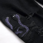 Men Snake Embroidery Jeans Streetwear Black Stretch Denim Pants Holes Ripped Distressed Slim Straight Trousers - Matrix Studios