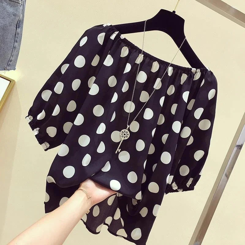 Women Spring Summer Style Loose Blouses Shirts Lady Casual Slash Neck Polka Dot Printed Blusas Tops - Matrix-studios.com