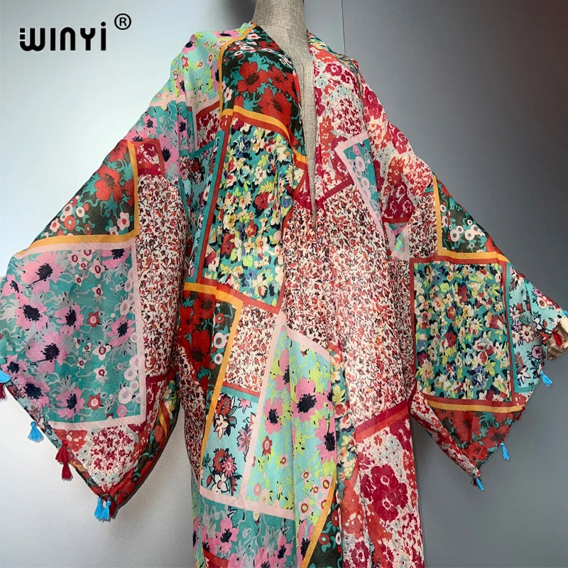 WINYI Bohemian Kimono Print Women Coat Loose Tassels Long Coat Beach Holiday Swimming Cover Up Party Dresses Luxury Dubai Abaya - Matrix Studios