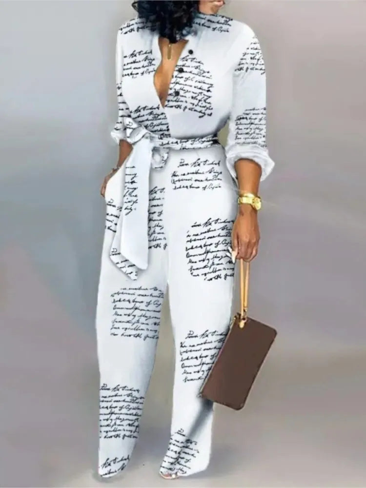 Women Fashion Letter Print Long Sleeve Jumpsuit Spring Button One Piece Overalls Streetwear Autumn Elegant Office Lady Playsuit - Matrix Studios