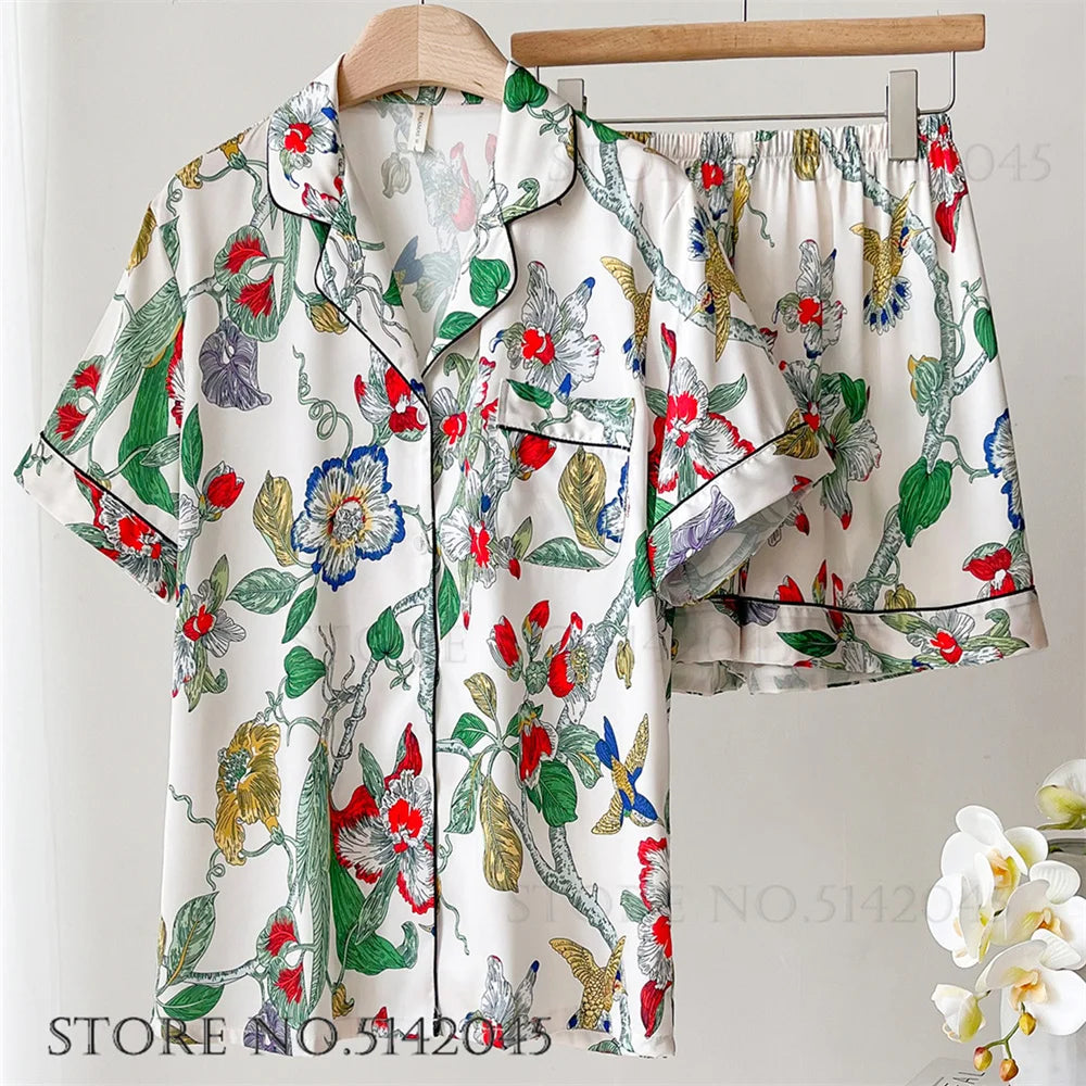 Fashion Print Flower 2PCS Pajamas Set Women Sleepwear Spring Summer Trouser Suits Lounge Wear Loose Satin Homewear Pijamas Suit - Matrix-studios.com