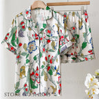 Fashion Print Flower 2PCS Pajamas Set Women Sleepwear Spring Summer Trouser Suits Lounge Wear Loose Satin Homewear Pijamas Suit - Matrix-studios.com