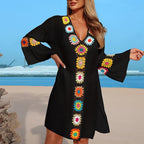 Hand Crochet Multicolour Flower Block Beachwear Cover Up Beach Vacation Casual See-Through Midi Dress Breathable Sunscreen Smock - Matrix Studios