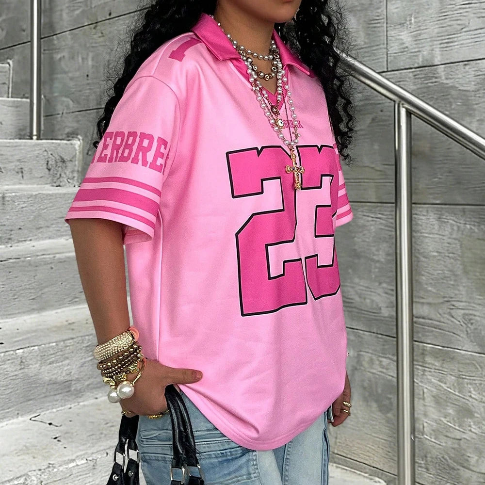 Summer Women's New No.8 Oversized Short sleeved T-shirt Street Y2K Fashion Leisure Sports Jersey Men Letter Printed Polo Shirt - Matrix-studios.com