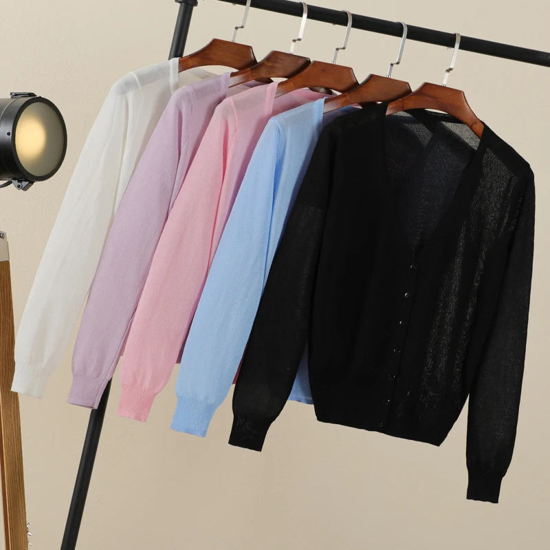 Summer Cardigan Women Cropped Korean Fashion Style Female Black Women's Coat Clothing V-neck Ladies Sweater Outerwear Cute Basic - Matrix Studios