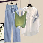 Women's 2026 Spring Summer New Fashion Striped Sunscreen Shirt+Vest+Jeans Suit Korean Elegant Cardigan+Denim Pants Matching Set