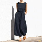 Cotton And Linen Jumpsuit Women Solid Color Sleeveless Pocket High Waist Wide Legs Jumpsuits Casual Commuting Ladies Bodysuits - Matrix Studios