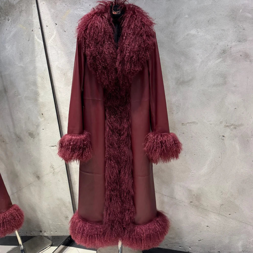 Suede Coat Fur Collar Women Autumn Genuine Sheepskin Coat Long with Mongfolian Fur Trim - Matrix Studios