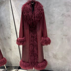 Suede Coat Fur Collar Women Autumn Genuine Sheepskin Coat Long with Mongfolian Fur Trim - Matrix Studios