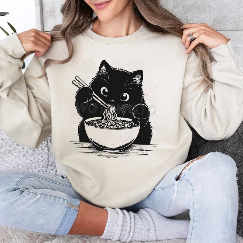 Cat Lover Kawaii Cartoon Sweatshirt Cat Eating Ramen Print Women Fashion Casual Hoodies Japanese Noodle Cats Retro Women Sweater - Matrix Studios