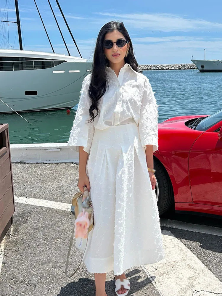 HH Women Tassel Sets White Turn-Down Collar Single-Breasted Shirts+High Waist Zipper A-Line Long Skirts Female Holiday Suit - Matrix-studios.com