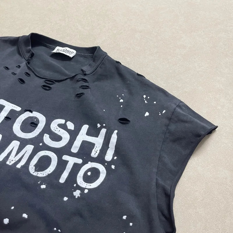 Premium Heavy Cotton Men Sleeveless T Shirt Satoshi Nakamoto Ripped Splatter Drawstring Loose Vintage Tank - Matrix-studios.com