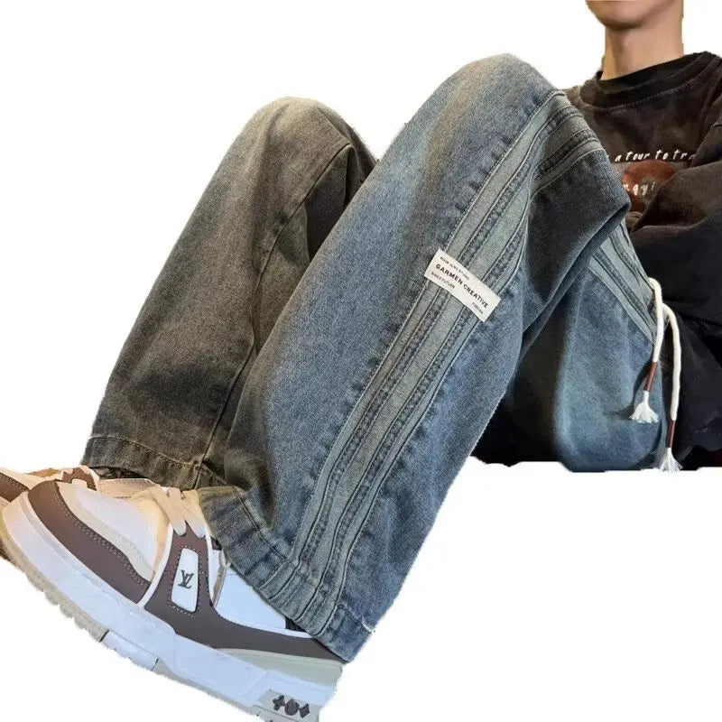 Three bar American retro jeans men's spring and autumn new style high street elastic waist loose casual men's straight leg long - Matrix Studios
