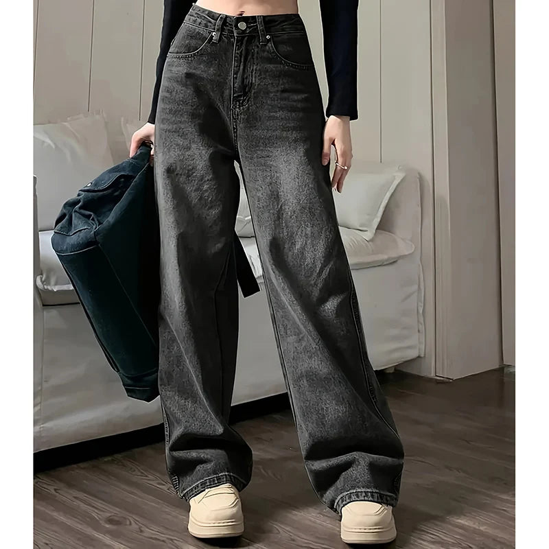 Women Fashion Loose Jeans Female High Waist Streetwear Designer Wide Leg Trousers Female Classic Gray Goth Straight Leg Pants - Matrix-studios.com