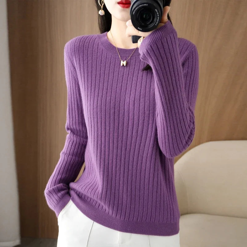 2026 Women Sweaters Autumn Winter Long Sleeve Pullovers O-neck Stripe Warm Pullover Korean Fashion Bottoming Shirts Loose Jumper - Matrix Studios