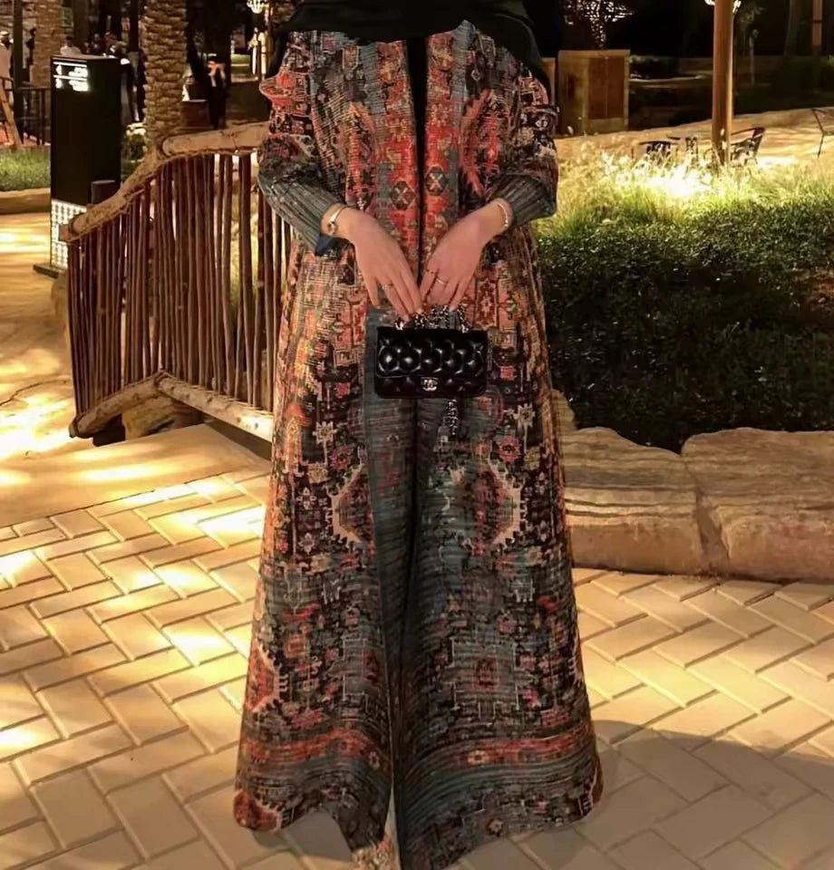 Fold Elegant Vintage Print Open Front  Miyake Abaya, Lightweight Flowy Loose Fit Women's Modest Fashion Long Kimono Cardigan - Matrix-studios.com