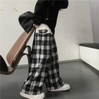 Casual sports pants, fashionable black checkered pants, loose elastic waist pocket, wide leg pants, neutral hip-hop loose pants - Matrix-studios.com