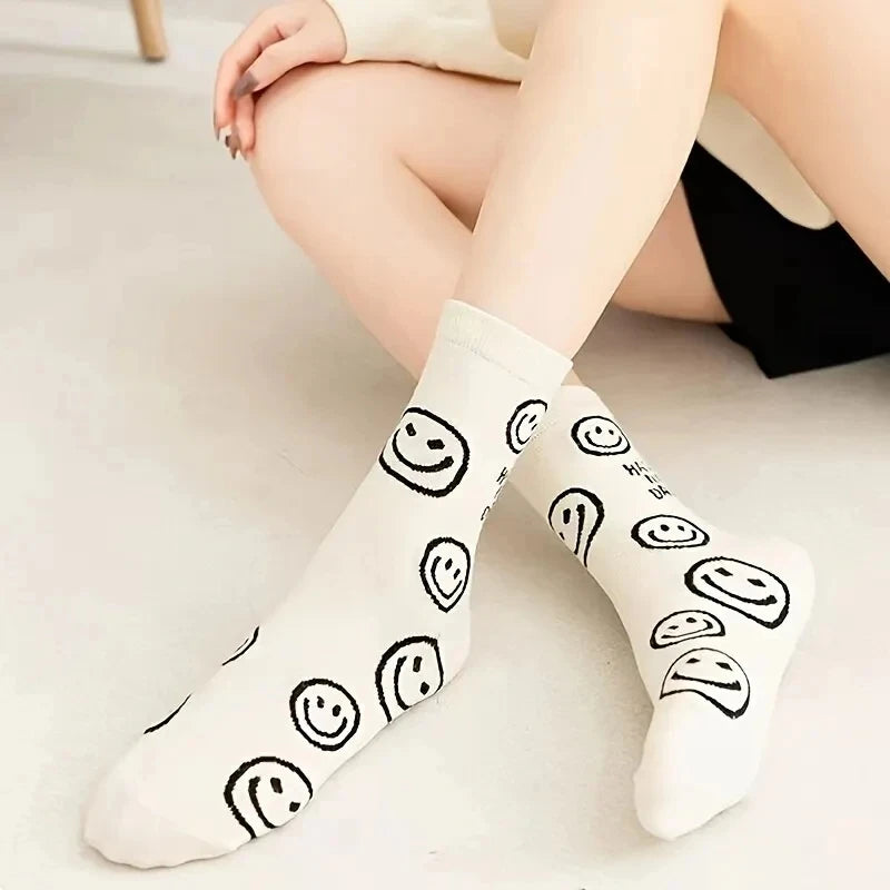 5/10 Pairs Happy Face Crew Socks , Cartoon Cat Breathable Cotton Mid Tube Socks, Women's Stockings & Hosiery - Matrix Studios