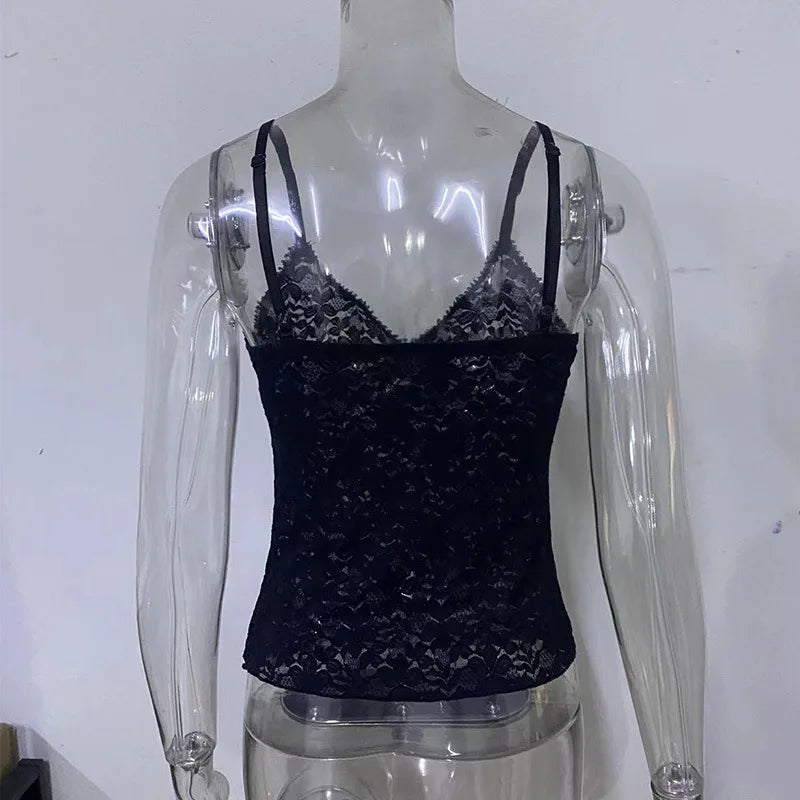 Black See Through Lace Cami Crop Tops Women Summer Y2K Clothes Sleeveless V Neck Sexy Tanks Camis Aesthetic 2000s Gothic Tees - Matrix-studios.com