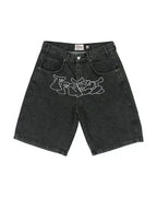 Y2k Cherry Blossom Embroidered Denim Shorts Mens Womens Gothic Harajuku Retro Loose Casual Denim Shorts Fashion Punk Streetwear