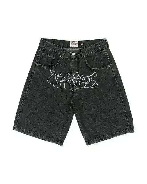 Y2k Cherry Blossom Embroidered Denim Shorts Mens Womens Gothic Harajuku Retro Loose Casual Denim Shorts Fashion Punk Streetwear