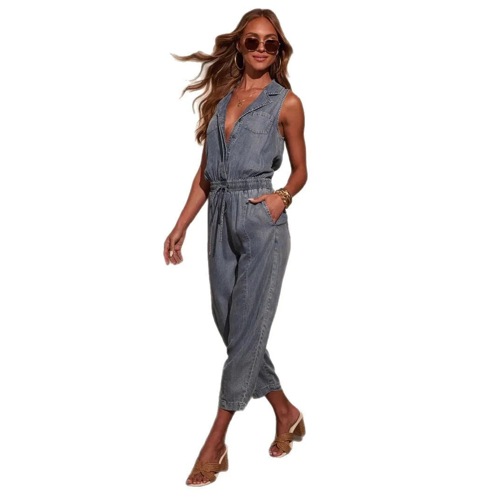 Women Jumpsuits Sleeveless Denim Pants One Piece Drawstring Pockets Rompers Solid Spliced Casual Button Jeans Overalls - Matrix Studios