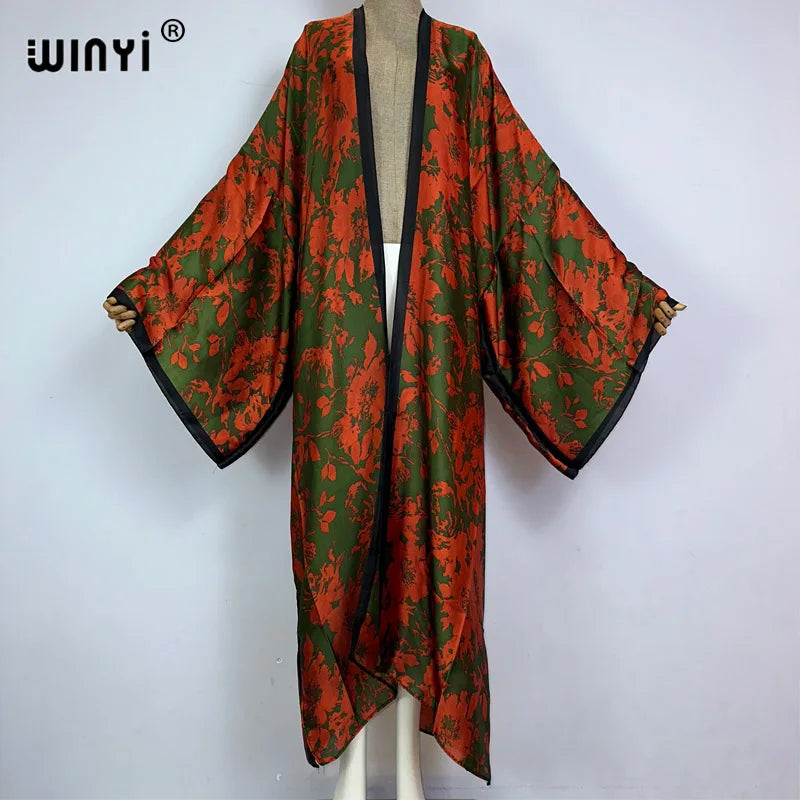WINYI Summer New Fashion Print Women Cardigan Loose Long Dress Elegant Party Boho Maxi Beach Holiday Cover Up Kimonos Kaftan - Matrix Studios