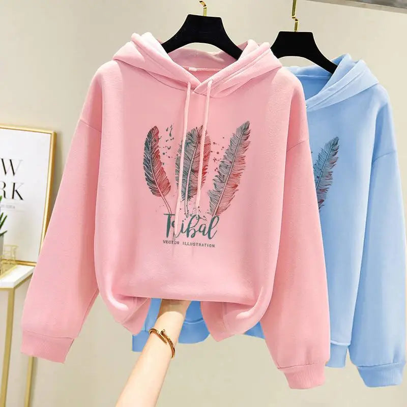 Women Fashion Feather Printed Hoodies Autumn Winter Plus Velvet Casual Loose Sweatshirt - Matrix-studios.com