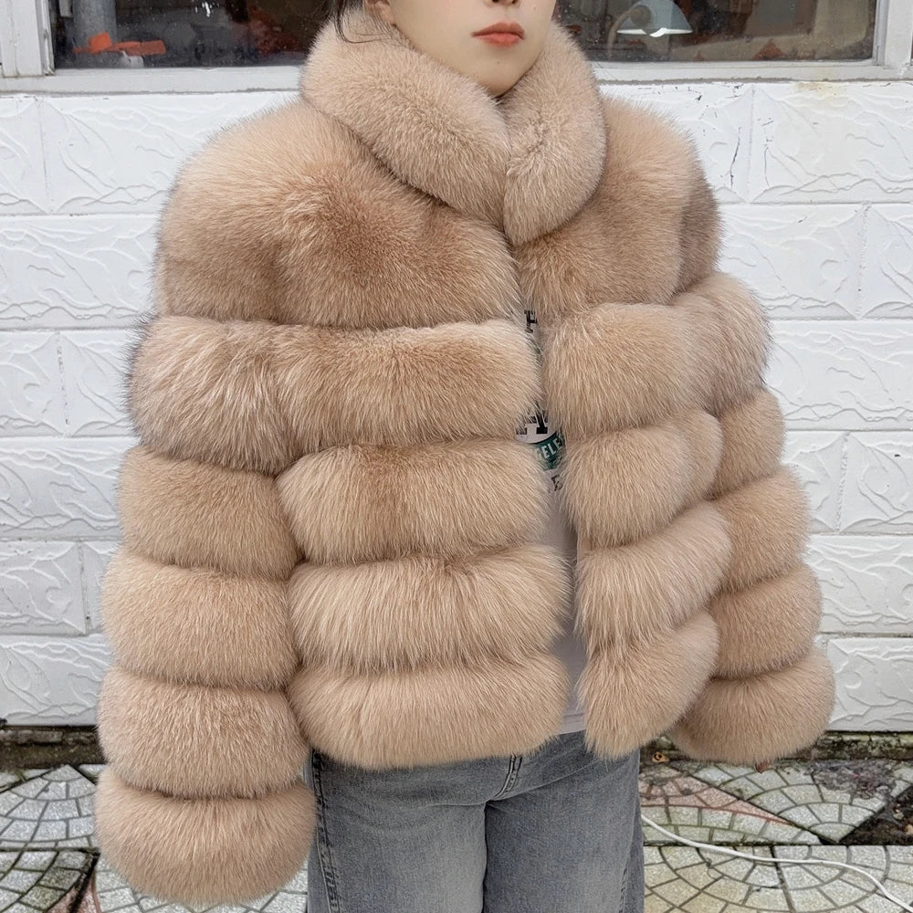 QUEENTINA Winter New Women's Cold Real Fox Fur Coat With Collar Especially Overcoat Leather Female Natural Plus Size 2023 Luxury - Matrix Studios