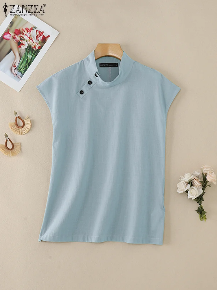 ZANZEA Fashion Women Blouses 2024 Summer Cotton Linen Blusas Mujer Stylish White Shirt Elegant Short Sleeve Tunics Lightweight - Matrix-studios.com