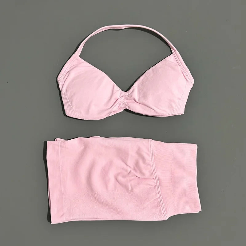 HISTELLO Gym Set 2 Piece Women Strappy Yoga Bra Top Workout Scrunch Shorts Sports Suit Fitness Clothes Seamless Yoga Set - Matrix-studios.com