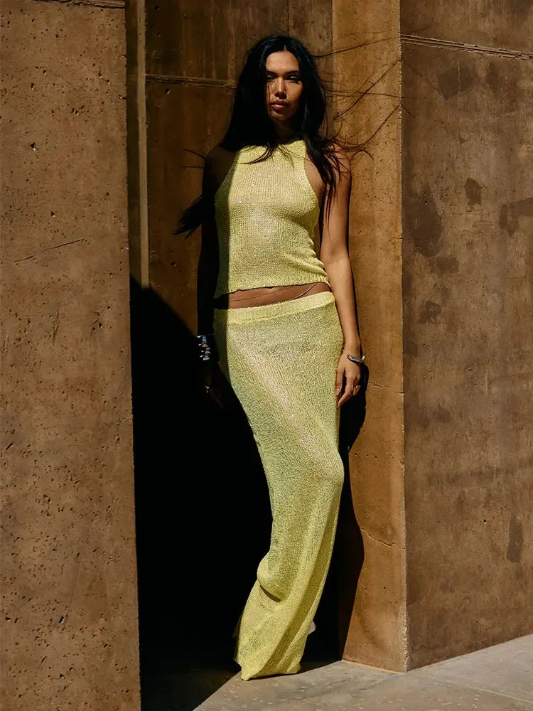 Women Sexy Knit See-through Shiny Top Half Long Skirt Set 2026 Summer Beachwear Swimsuit Cover Up 2 Piece Party Club Outfit K68 - Matrix Studios