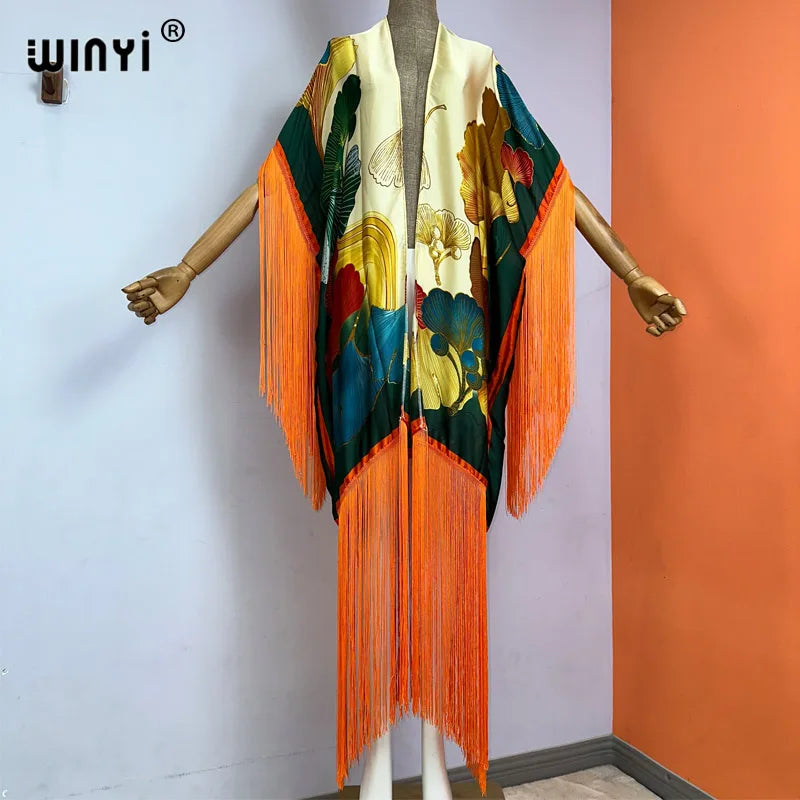 WINYI Kimono Cover-ups Summer Boho Print Bikini Cover-up Elegant Fashion Cardigan Sexy Holiday Long Sleeve Tassels Maxi Dress - Matrix Studios