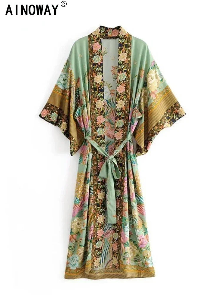 Peacock Floral Print Bat Sleeve Beach Bohemian Kimono Robe for Women Ladies Beachwear Summer Dress Bikini Boho Cover-ups - Matrix Studios