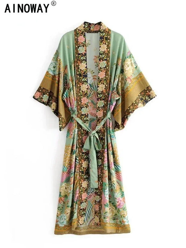 Peacock Floral Print Bat Sleeve Beach Bohemian Kimono Robe for Women Ladies Beachwear Summer Dress Bikini Boho Cover-ups - Matrix Studios