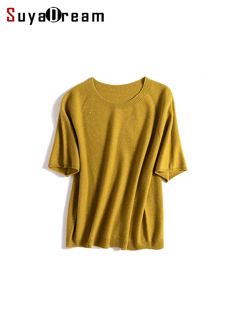 SuyaDream, 100%Merino Wool Pullovers for Woman, Round Neck, Short Sleeved Sweaters, 2025 Fall Winter Soft Warm Top, Pink, Olive - Matrix Studios
