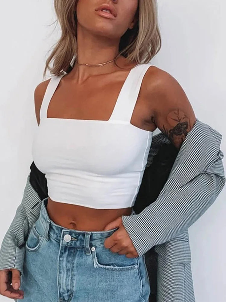 Square Neck Sleeveless Summer Crop Top White Women Black Casual Basic T Shirt Off Shoulder Cami Sexy Backless Tank Top - Matrix-studios.com