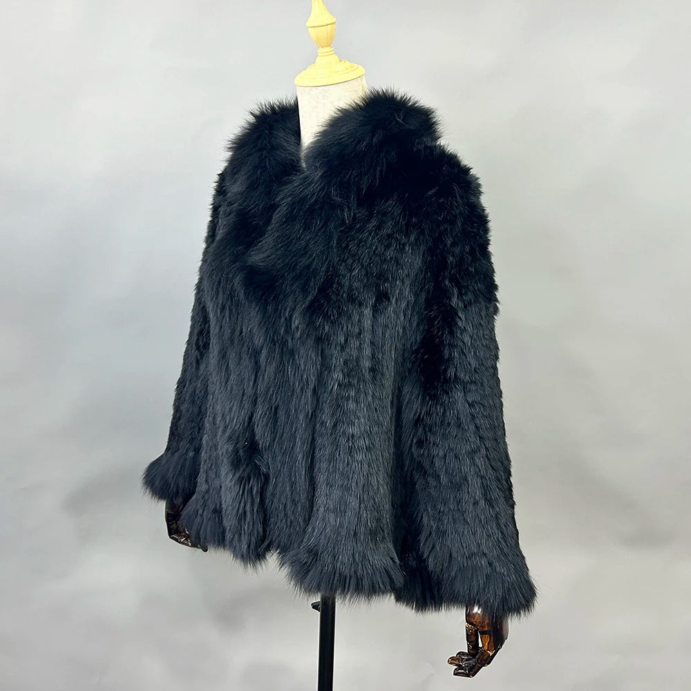 New Real Genuine Natural Knitted Rabbit Fur Shawl Coat With Fox Fur Collar Women's Fashion Knit Jacket Cape - Matrix Studios