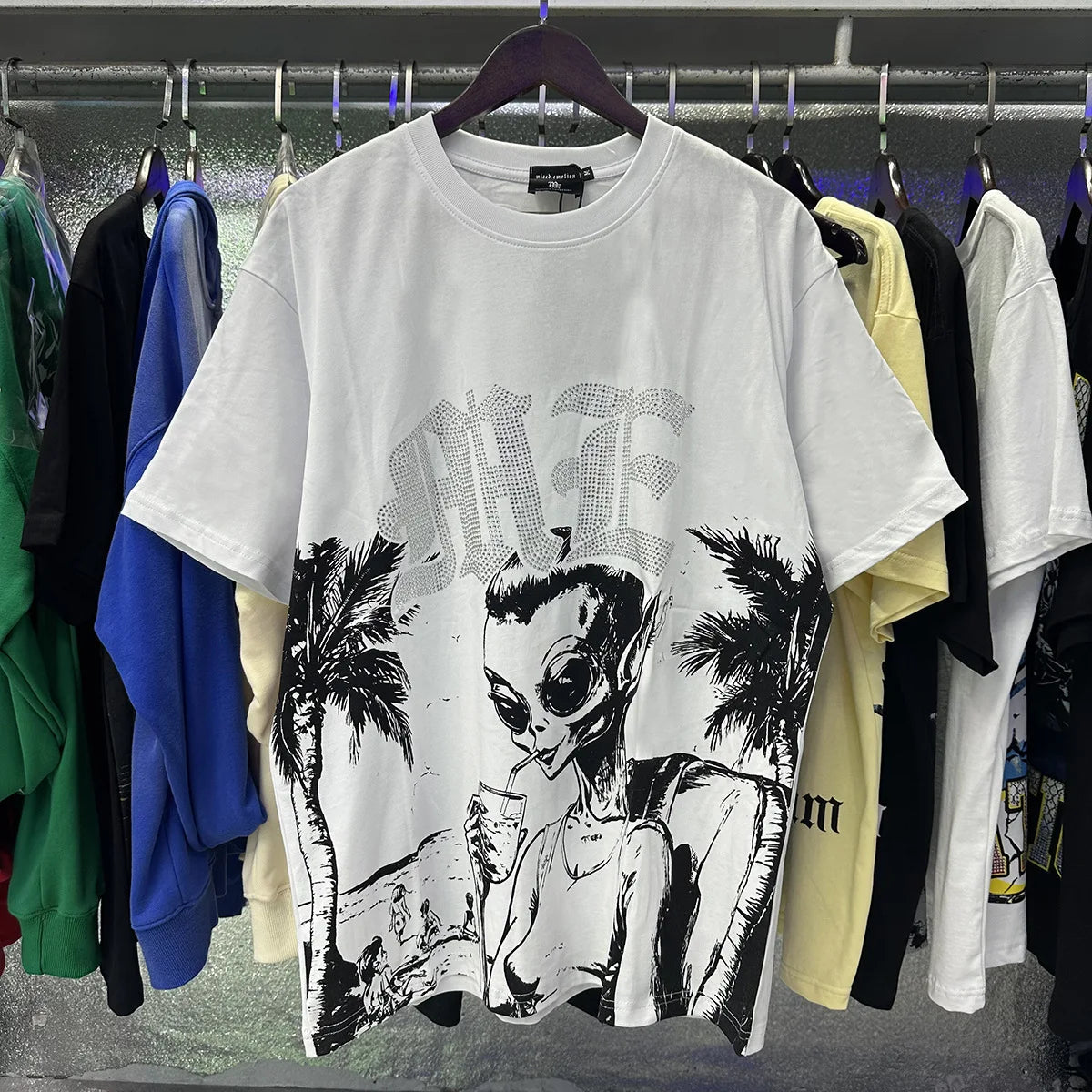 MIXED EMOTION Shirt Rhinestone Short Sleeve Men Women T-shirt Streetwear 100% Cotton Loose Round Neck Top Tees Oversized Tee Top - Matrix Studios