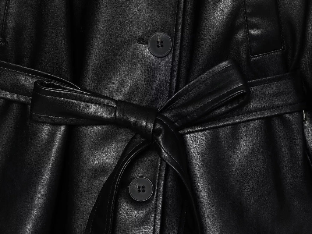 ETJ 2025 autumn new women's fashion belt imitation leather long sleeve short trench coat casual leather coat - Matrix Studios