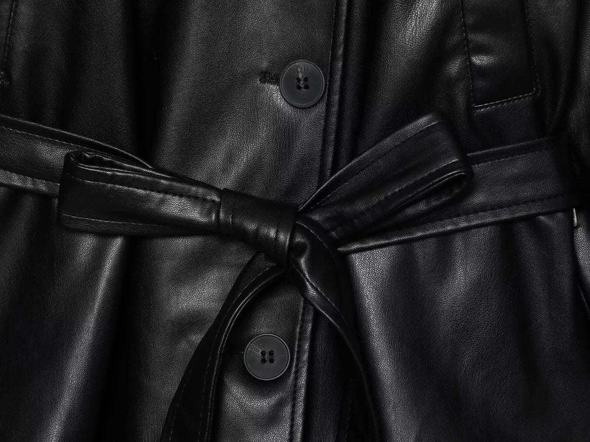 ETJ 2025 autumn new women's fashion belt imitation leather long sleeve short trench coat casual leather coat - Matrix Studios