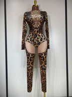 Women 2025 Stretch Leopard Print Sexy Bodycon Jumpsuit Bar Nightclub Singer Dancer Luxury Diamond Stage Performance Outfit - Matrix Studios